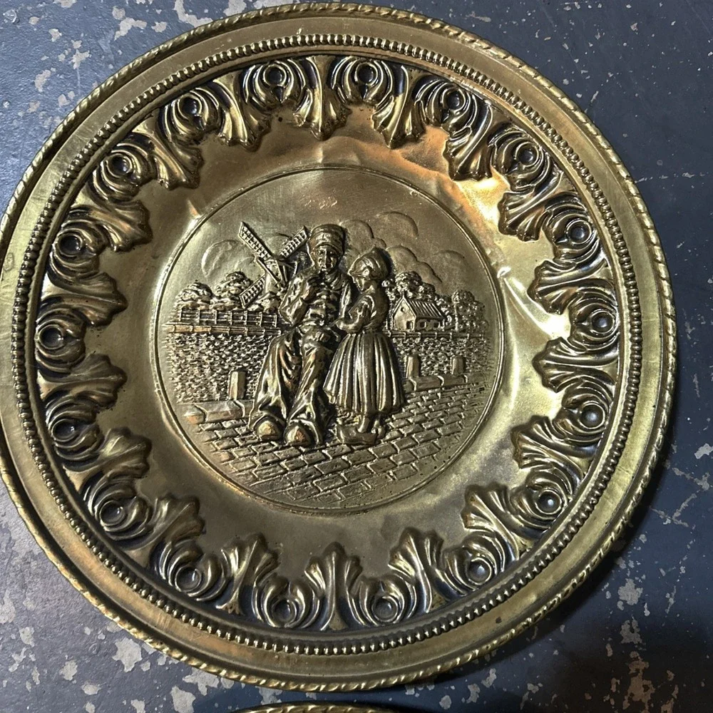 Vintage European Brass Wall Plates – Matched Pair Dutch  Scenes 12